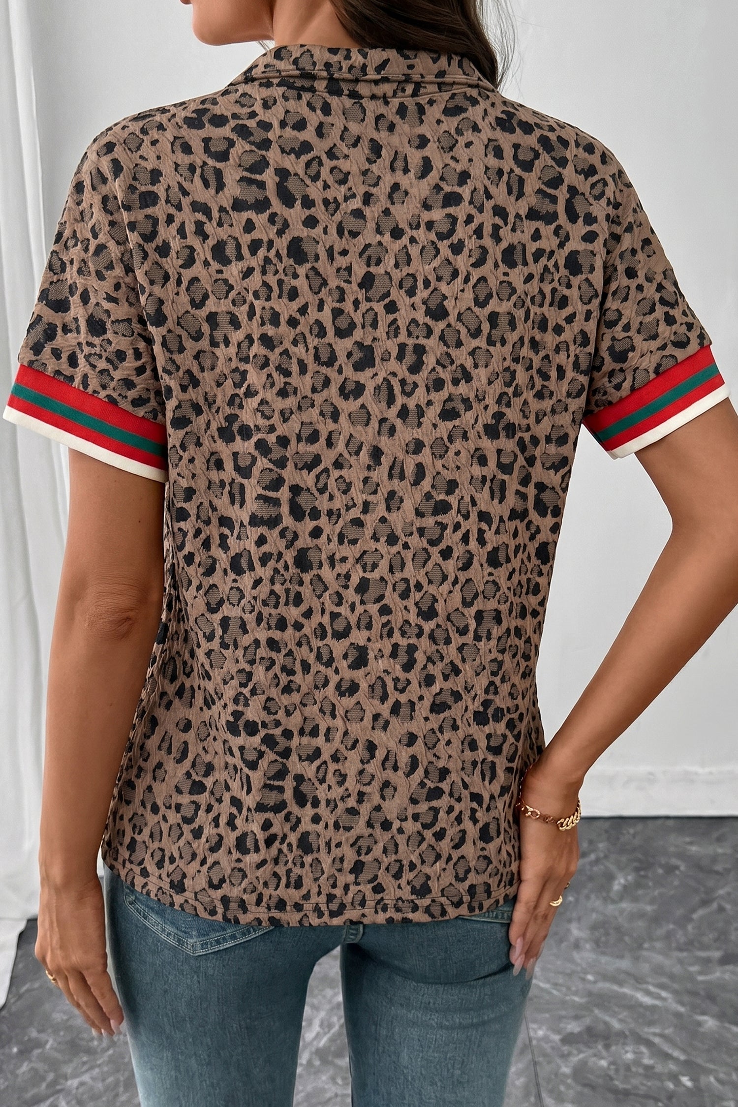 Brown Leopard Jacquard Striped Patchwork Half Zip Short Sleeve Blouse