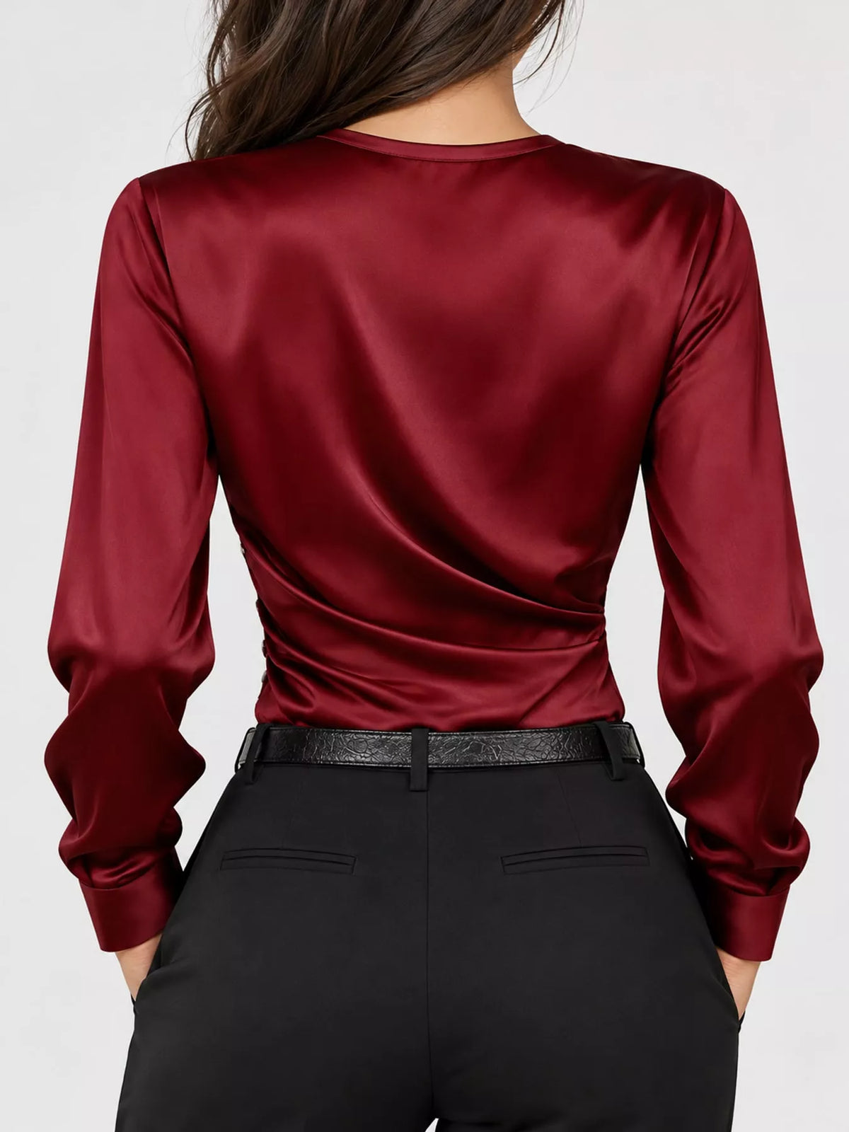 Satin Surplice Long Sleeve Blouse