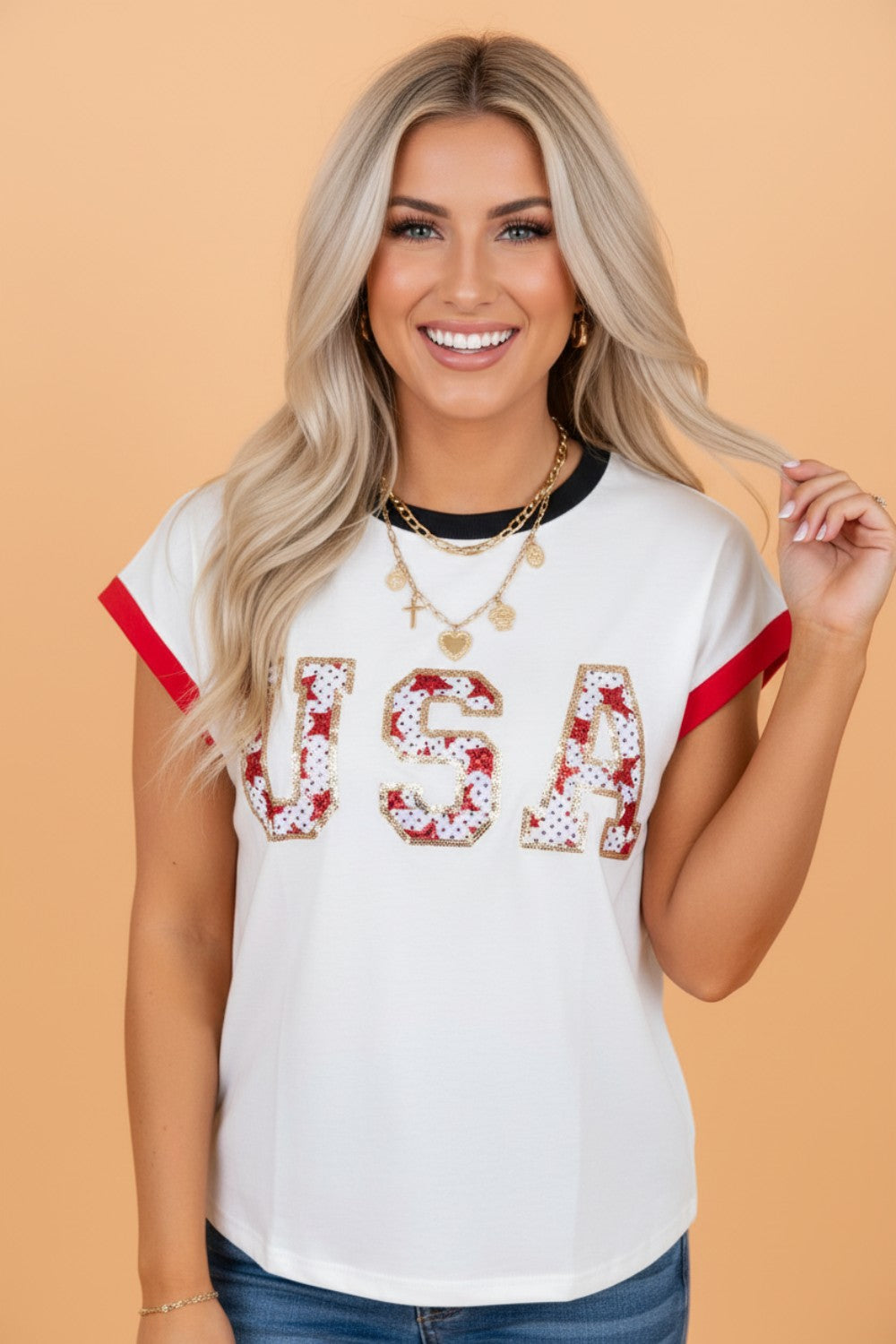 Sequin Star USA Patch Colorblock Trim T-Shirt