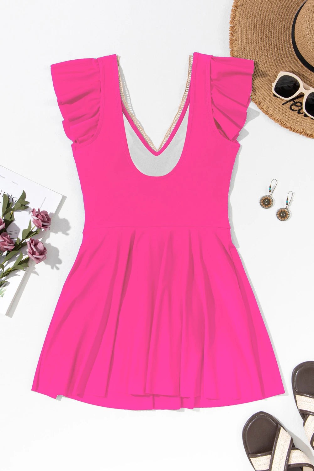 Ruffle Lace Trim V-Neck Short Sleeve Swim Dress