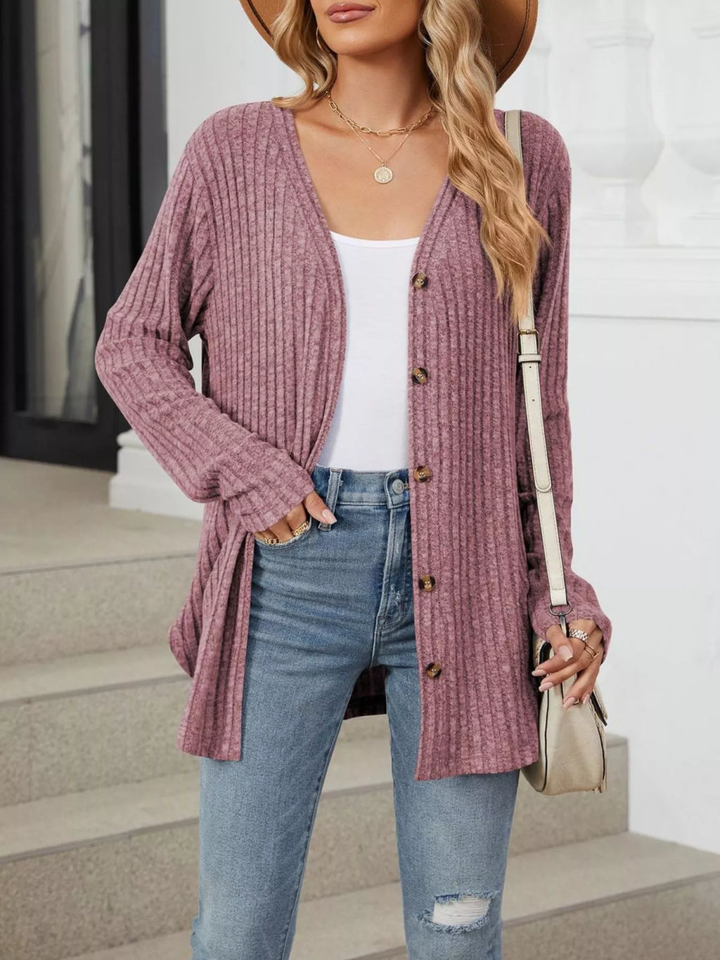 Ribbed Button-Up Cardigan