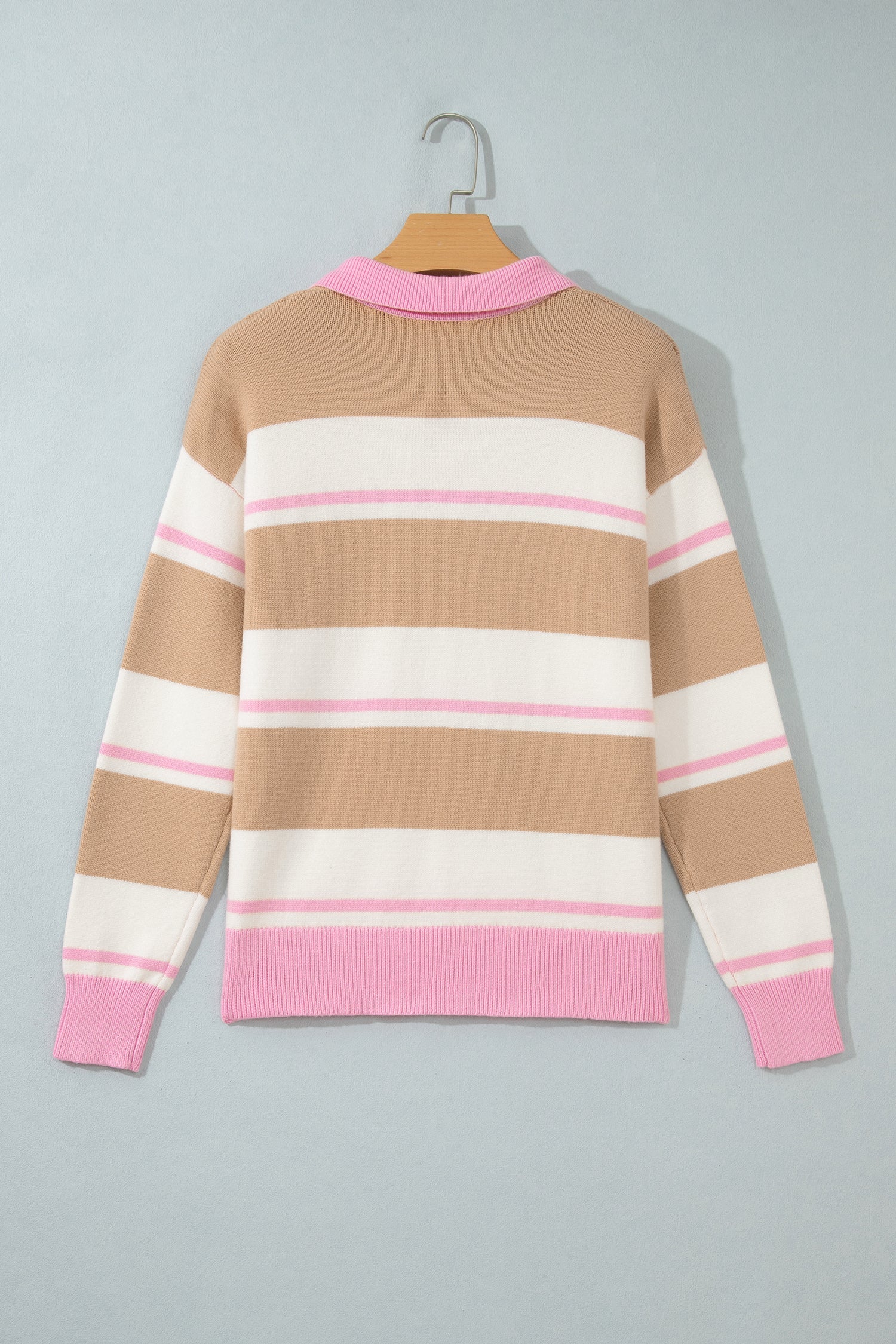 Khaki Stripe Striped Drop Shoulder Button Placket Long Sleeve Sweater