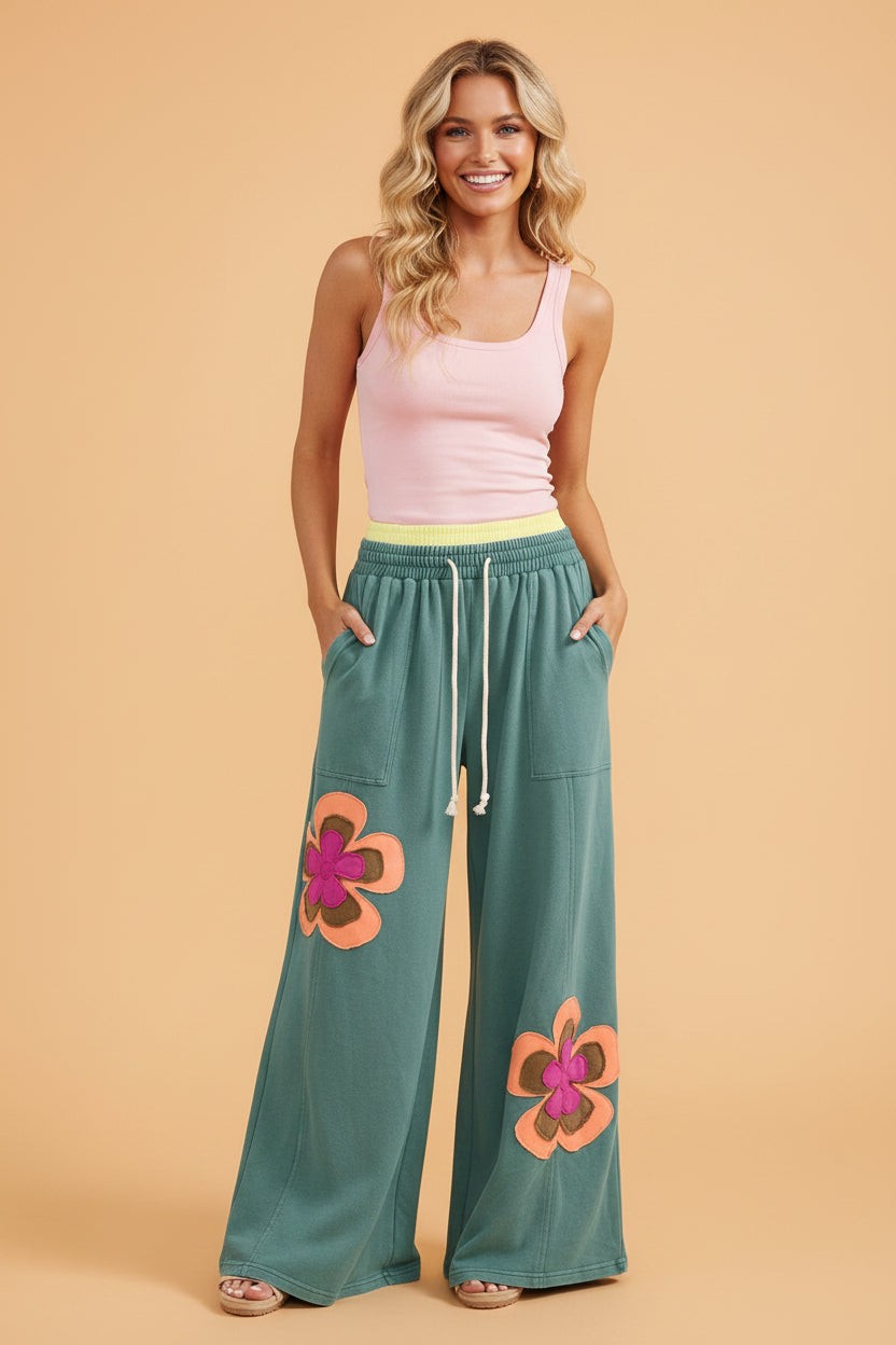 Colorblock Flower Patchwork Drawstring Wide Leg Pants