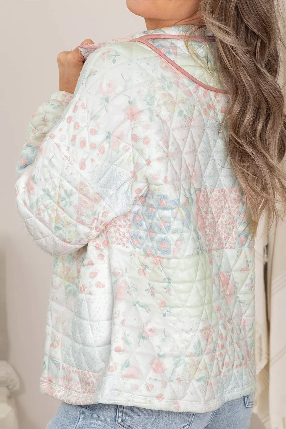 Floral Quilted Half Button Pocketed Pullover Sweatshirt