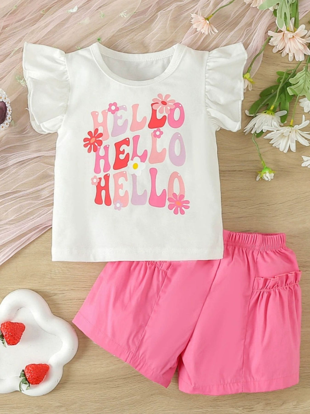 Children's Hello Print Ruffle Sleeve Top & Shorts Set