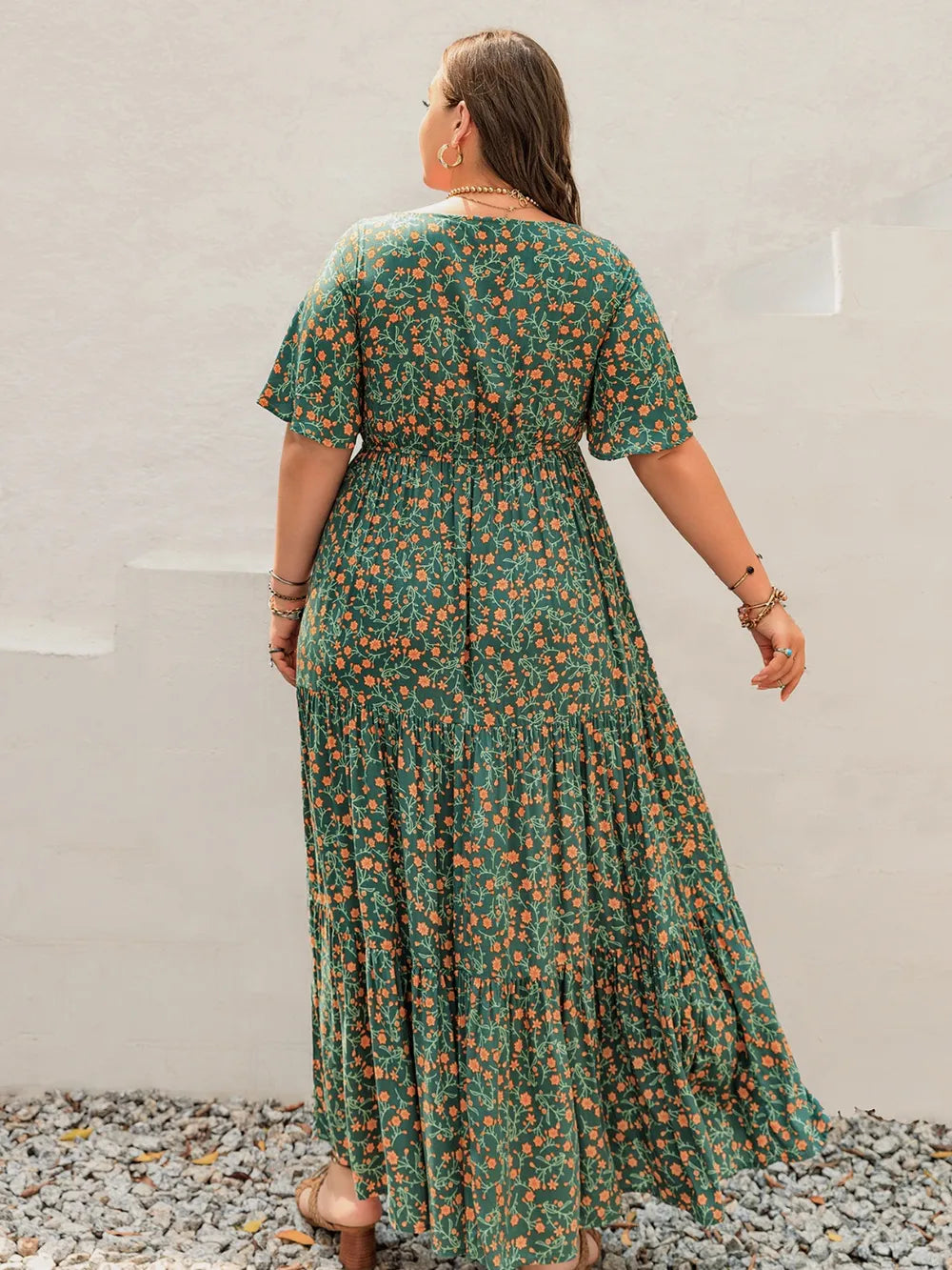 Printed Short Sleeve Tiered Maxi Dress