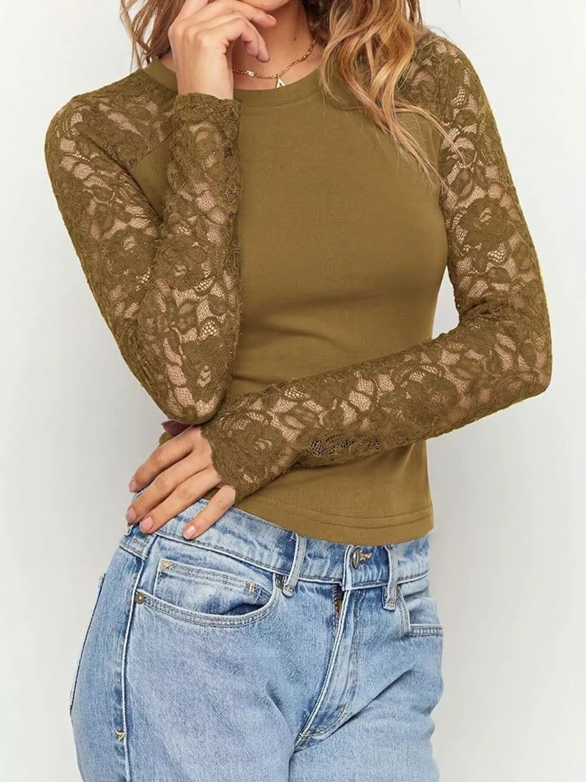 Lace Long Sleeve Round Neck T-Shirt