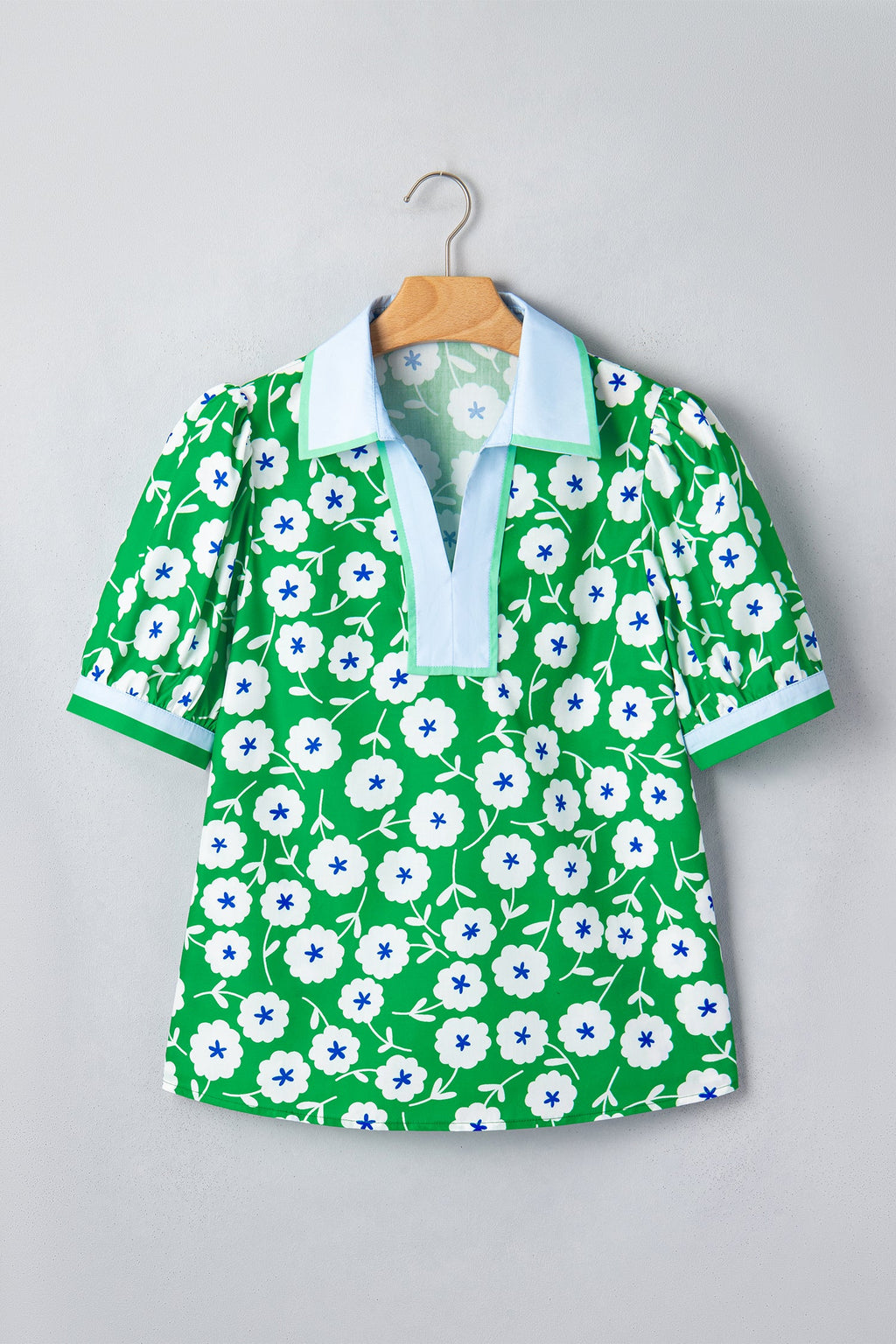 Green Flower Printed Contrast Patchwork Collar Short Sleeve Blouse