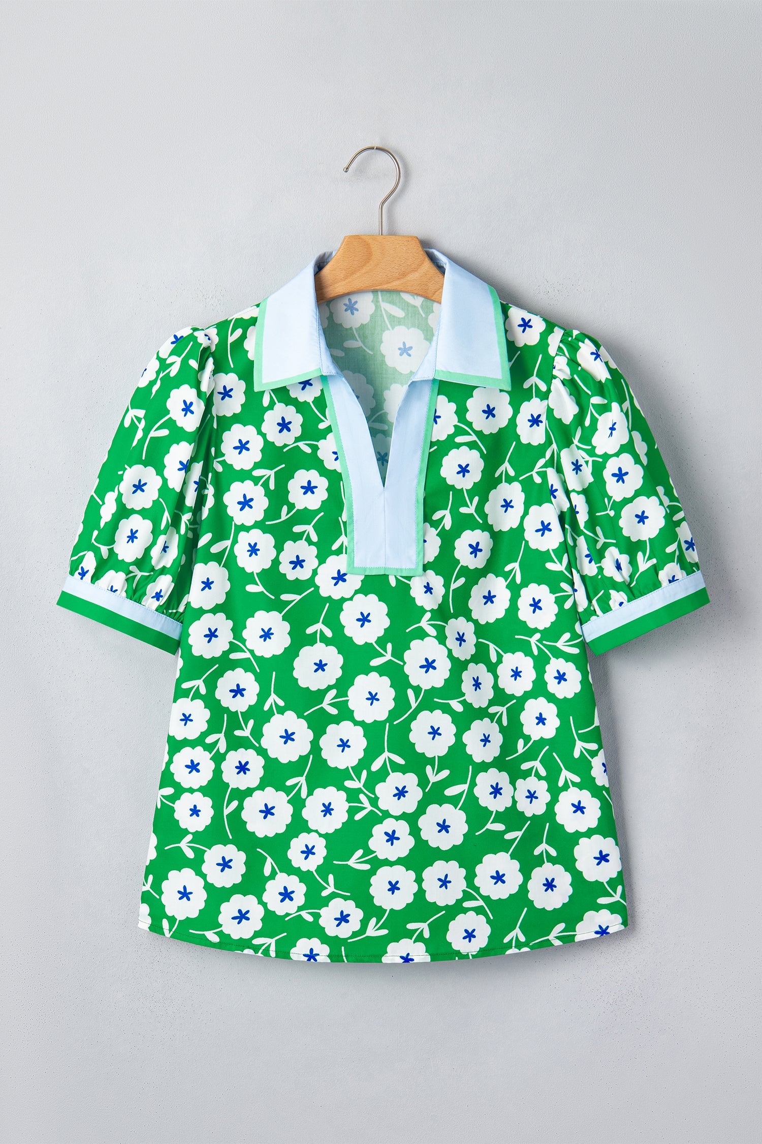 Green Flower Printed Contrast Patchwork Collar Short Sleeve Blouse