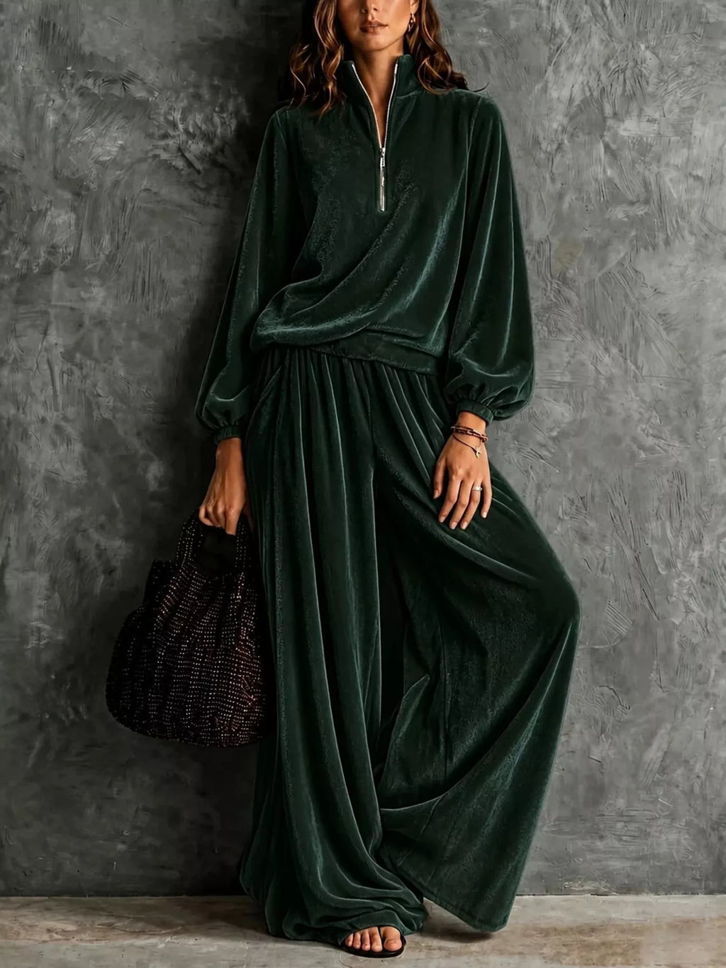 Quarter-Zip Sweatshirt and Wide-Leg Pants