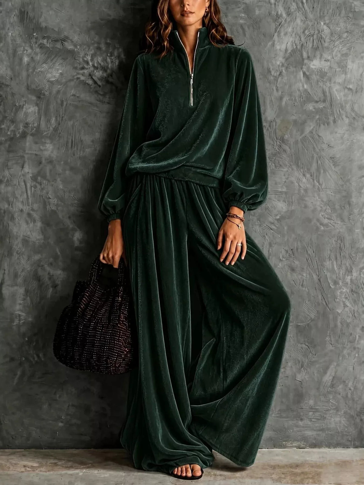 Quarter-Zip Sweatshirt and Wide-Leg Pants