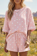 Pink Exposed Seam Detail Polka Dot Loose Tee Drawstring Shorts Set