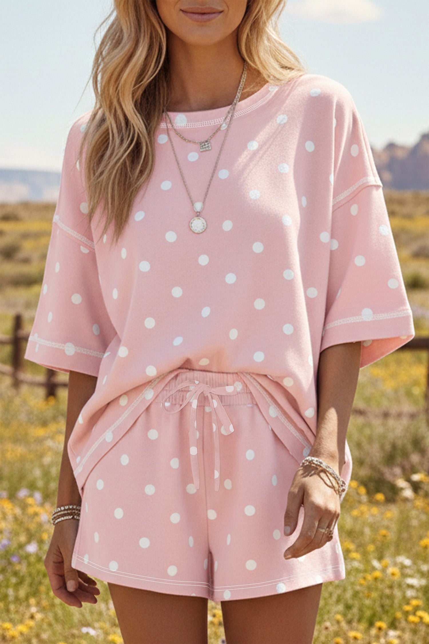Pink Exposed Seam Detail Polka Dot Loose Tee Drawstring Shorts Set