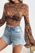 Printed Sheer Mock Neck Top with Flare Sleeves