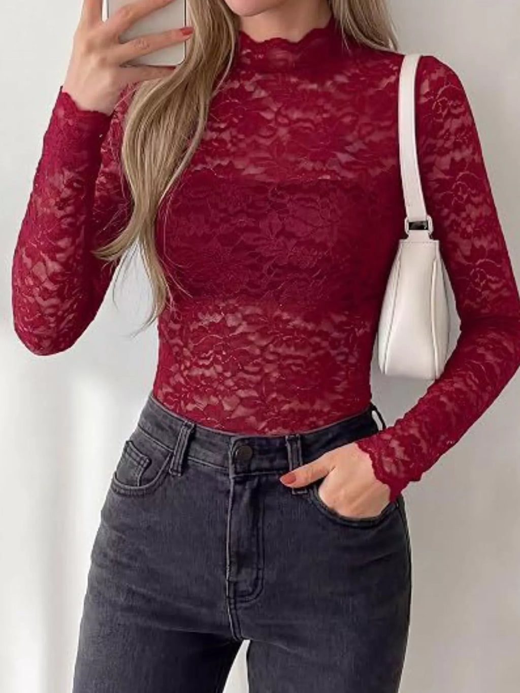 Lace Mock Neck Long Sleeve Top