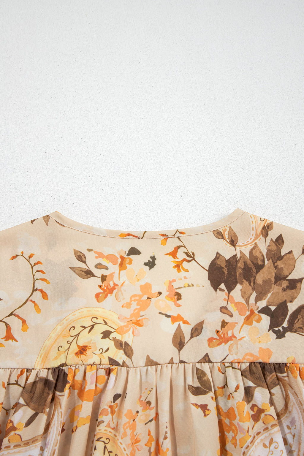 Khaki Paisley Print Decorative Binding Tape V Neck Shift Blouse