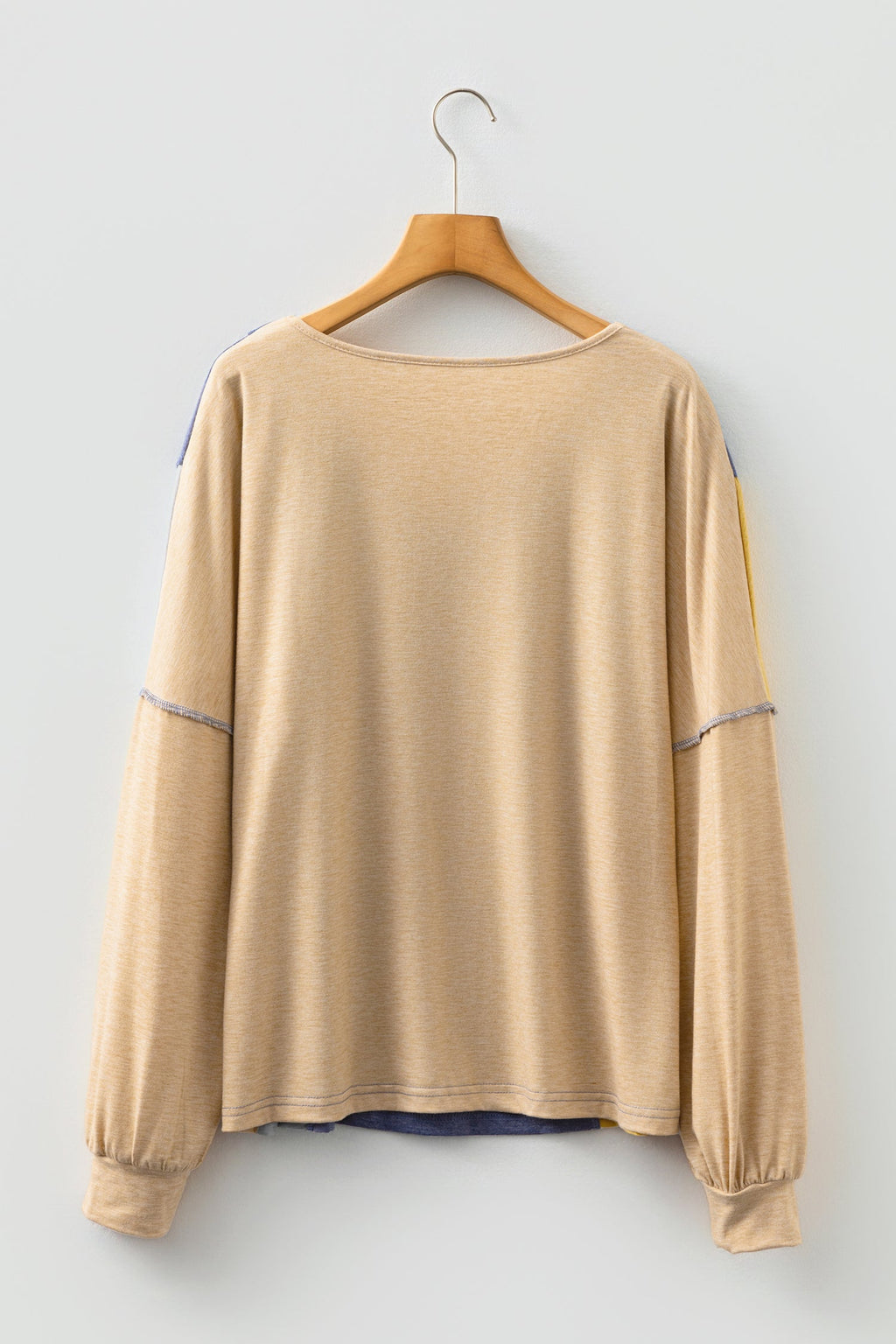 Sail Blue Exposed Stitching Colorblock V Neck Long Sleeve Top