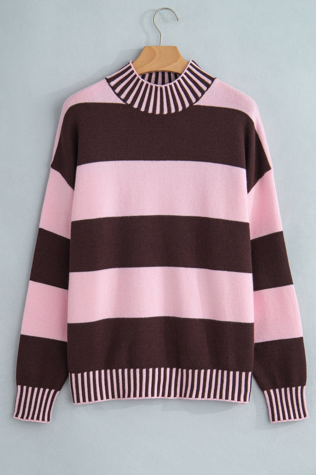 Stripe Contrast Mock Neck Drop Shoulder Sweater