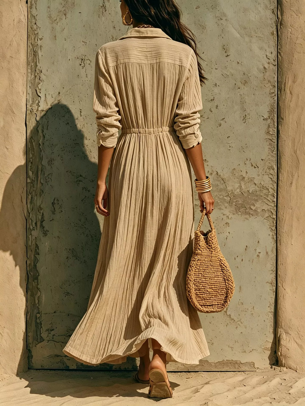 Full Size Textured Button Front Long Sleeve Maxi Dress Plus Size