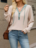 Waffle Knit Henley Hoodie with Contrast Trim