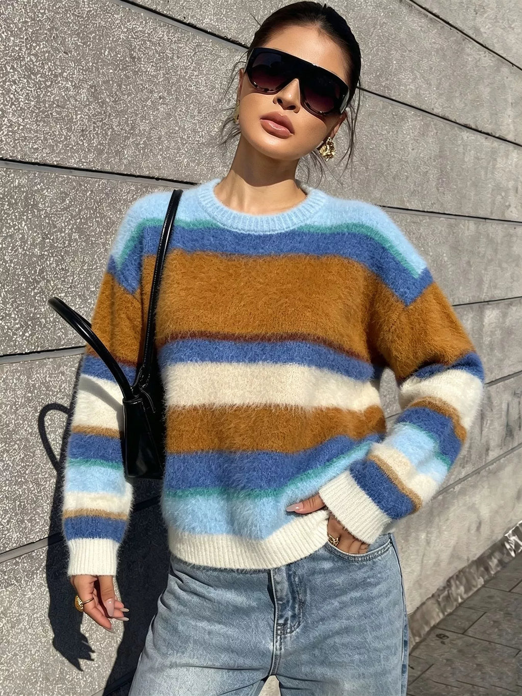 Fuzzy Striped Crew Neck Sweater