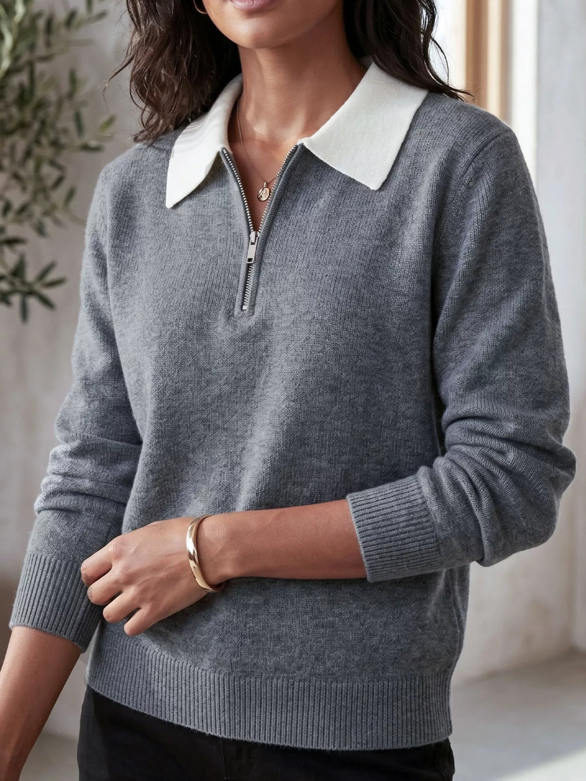 Contrast Collar Quarter Zip Sweater