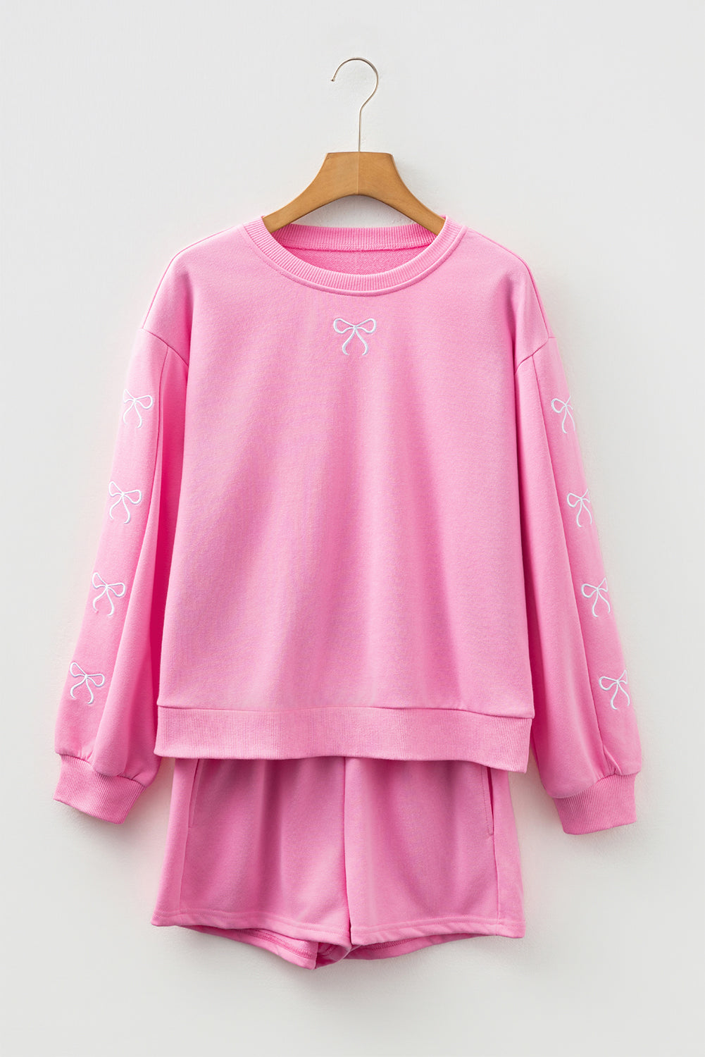 Sachet Pink Girly Bow Embroidered Detail Puff Sleeve Pullover 2pcs Short Set