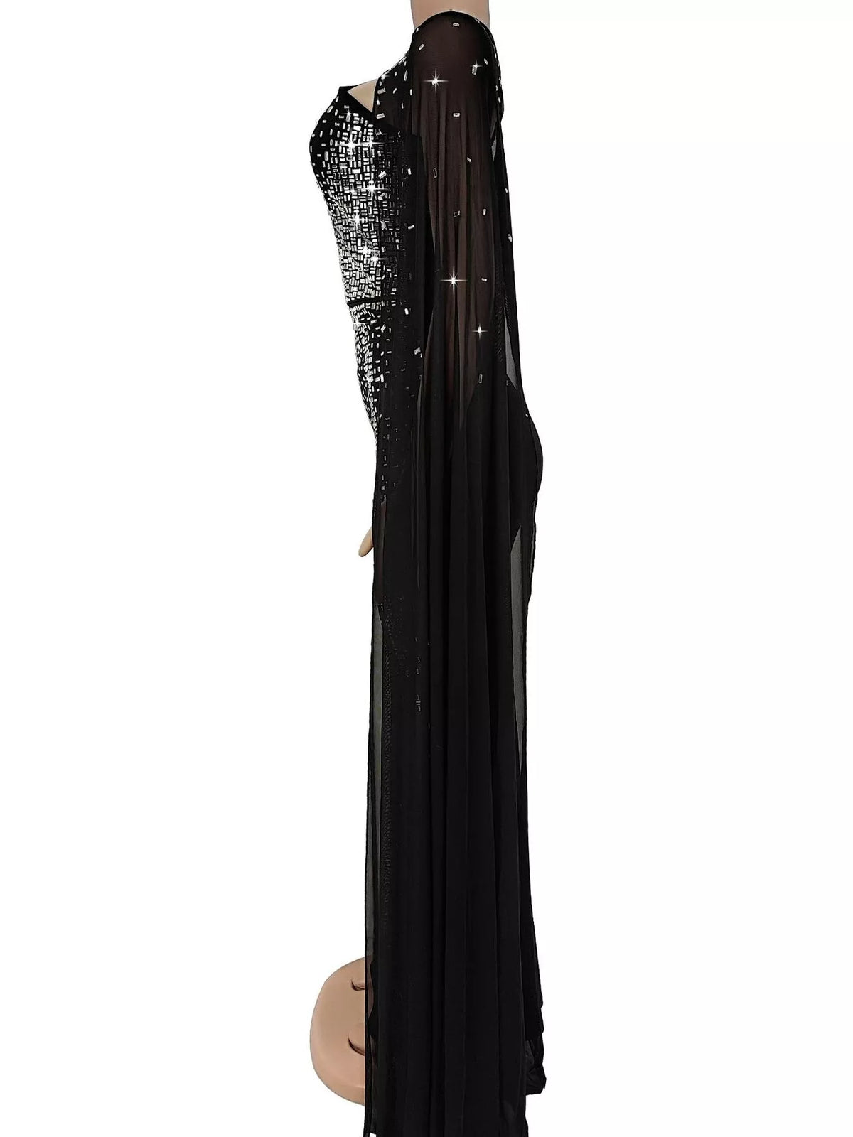 Rhinestone Embellished Cape Maxi Dress