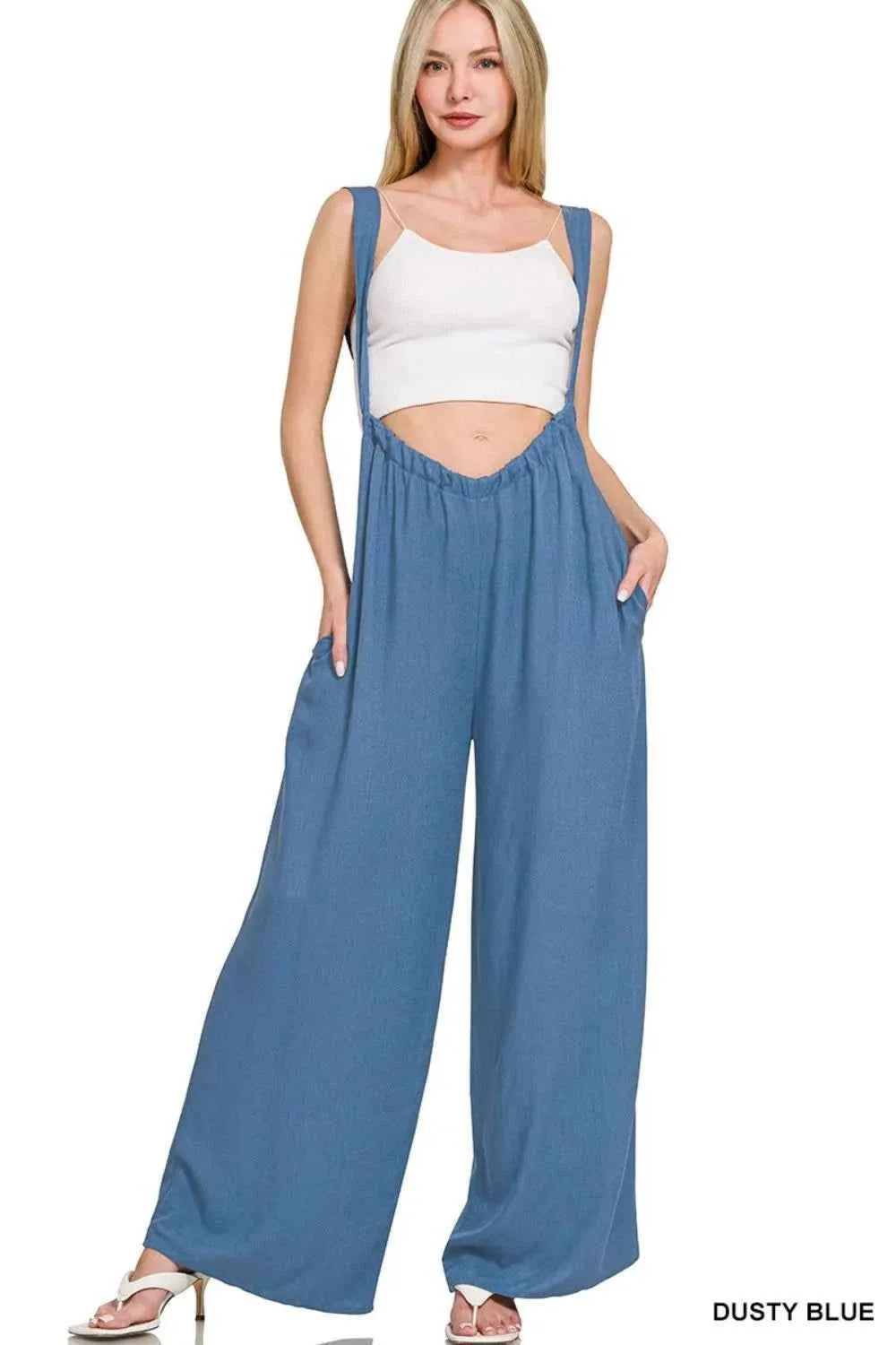 Woven Tie Back Suspender Jumpsuit with Pockets