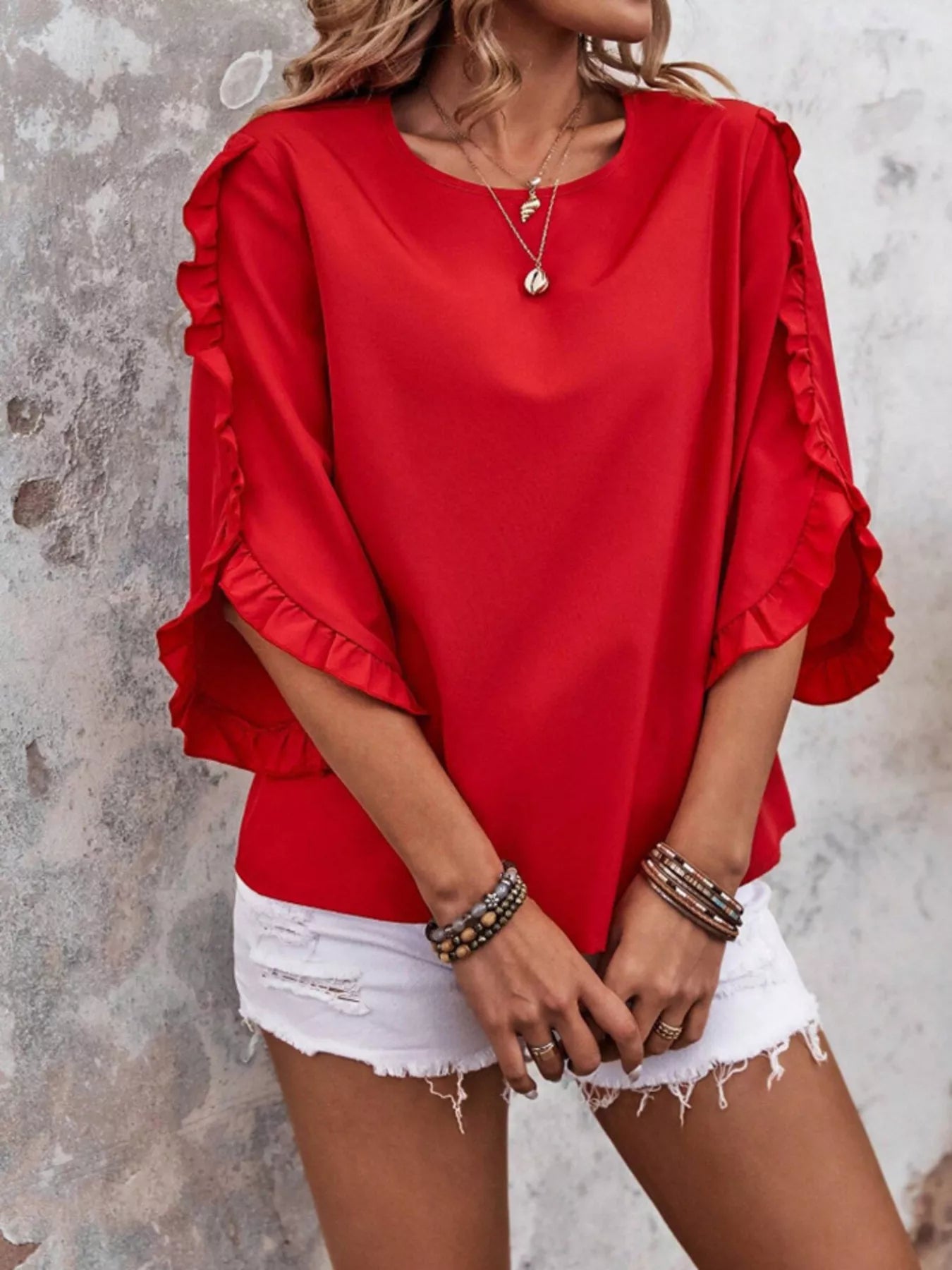 Ruffle Sleeve Solid Color Blouse