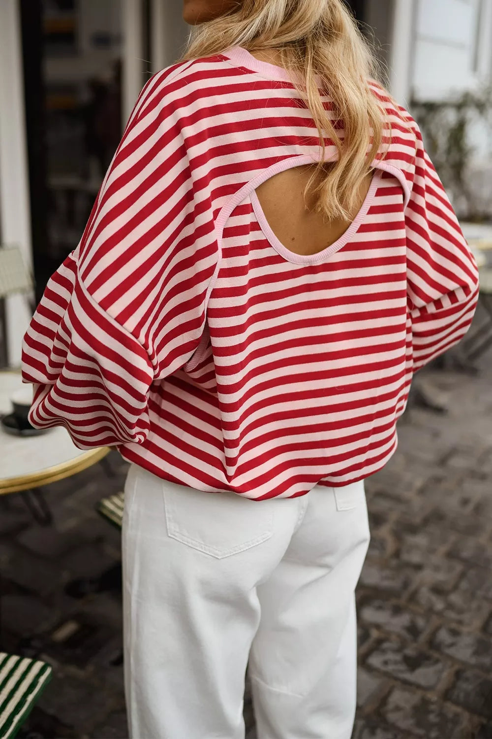 Cutout Back Striped Round Neck Sweatshirt
