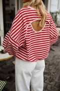 Cutout Back Striped Round Neck Sweatshirt
