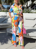 Abstract Print Button-Up Shirt and Wide-Leg Pants Set