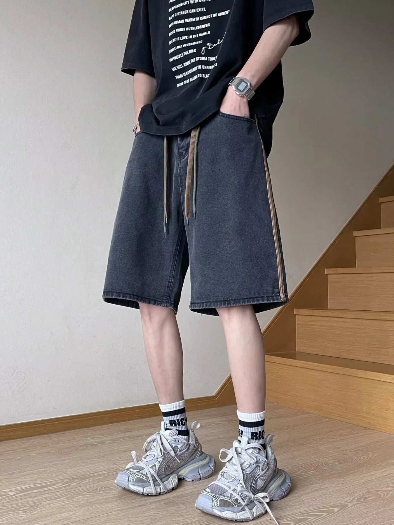 Men's Full Size Drawstring Wide-Leg Denim Shorts Plus Size