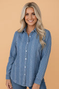 Floral Stripe Denim Buttoned Long Sleeve Shirt