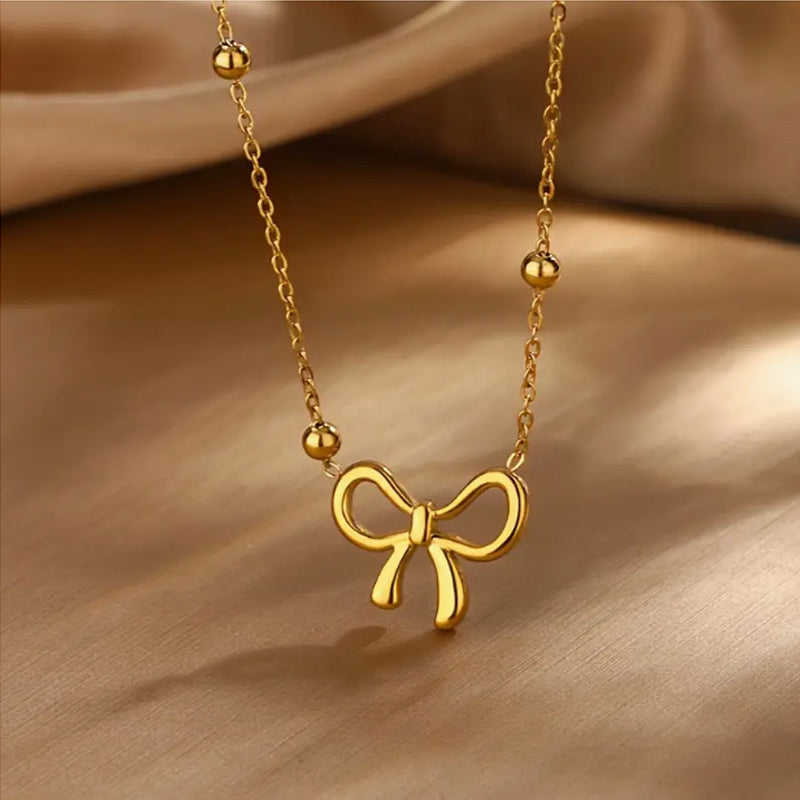 Stainless Steel Gold Tone Jewelry Set For Women Ball Station Chain 3D Bow Knot Pendant Necklace Bow Stud Earrings Sweet Cute Minimalist Fashion Dropshipping Jewelry Gift