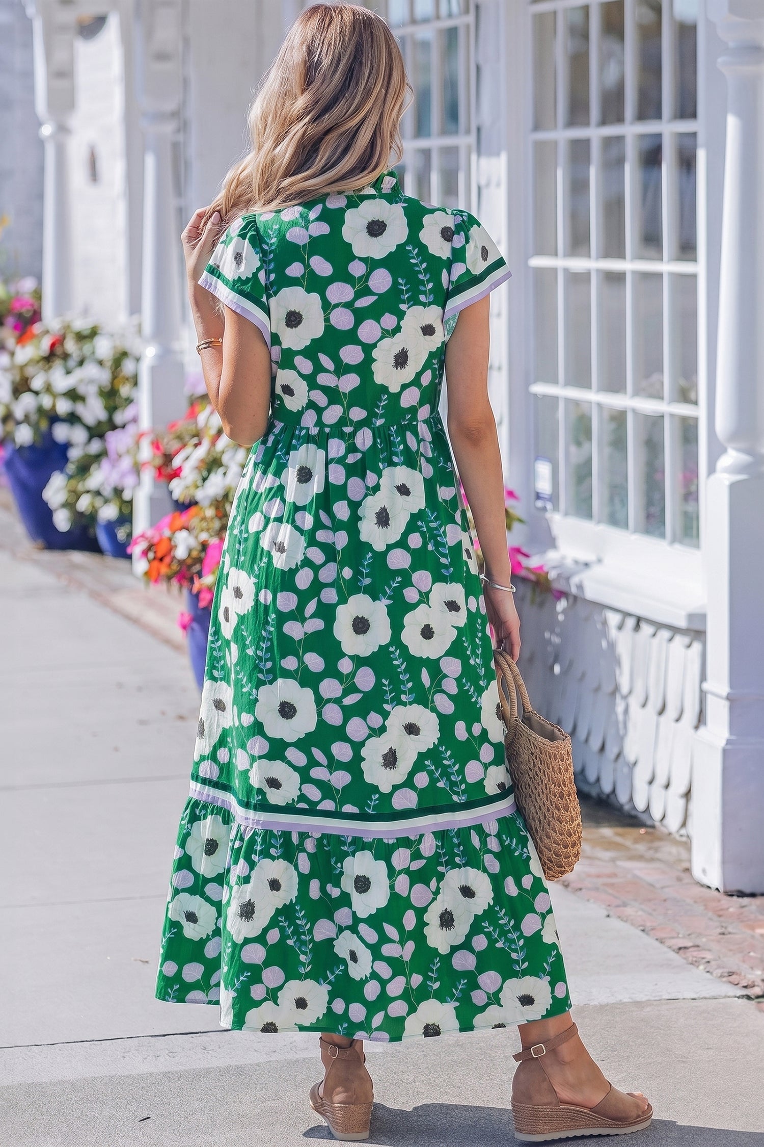 Green V Neck Ruffled Short Sleeve Flower Maxi Dress