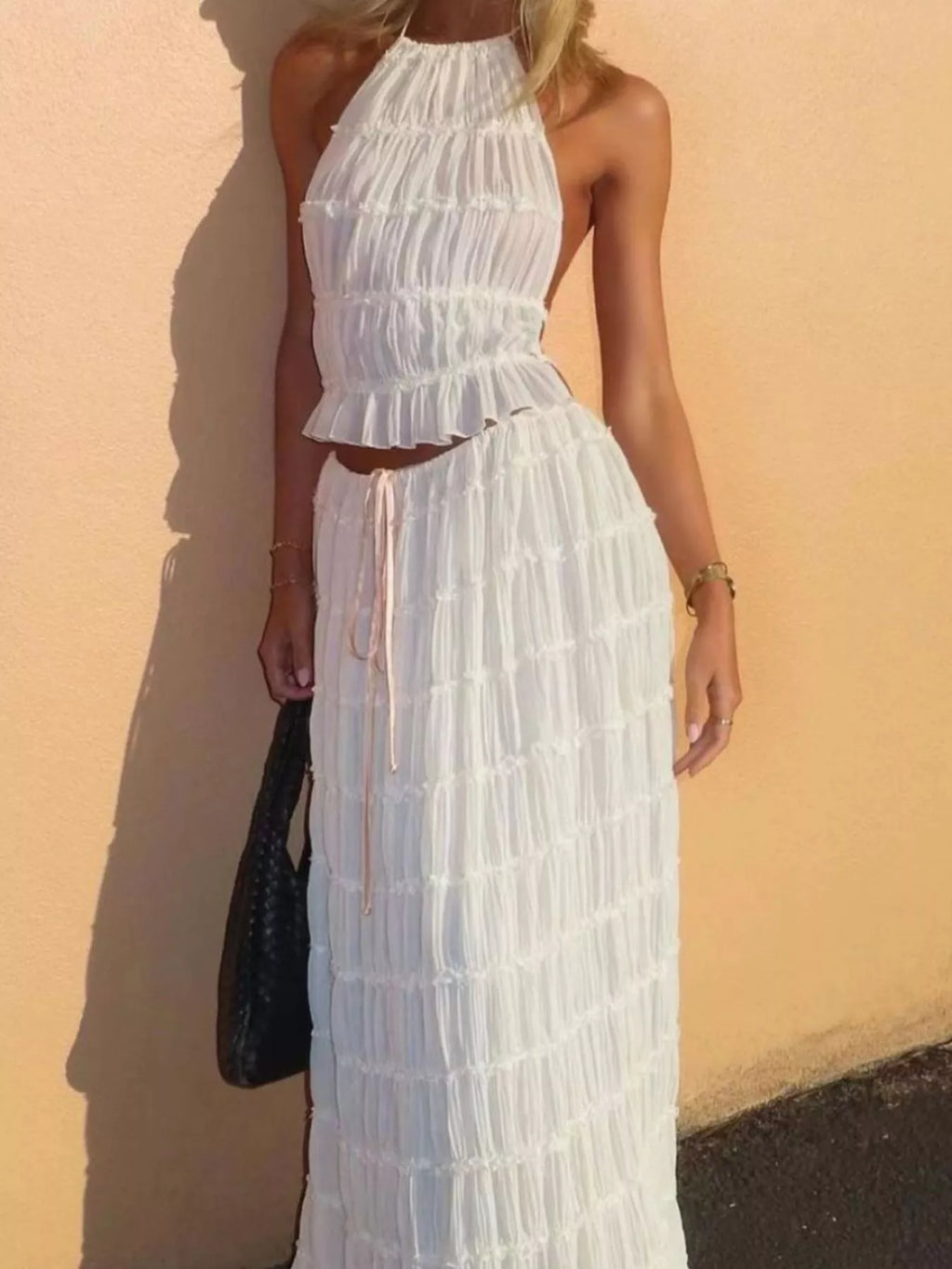 Boho Chic Ruffled Halter Crop Top and Maxi Skirt Set