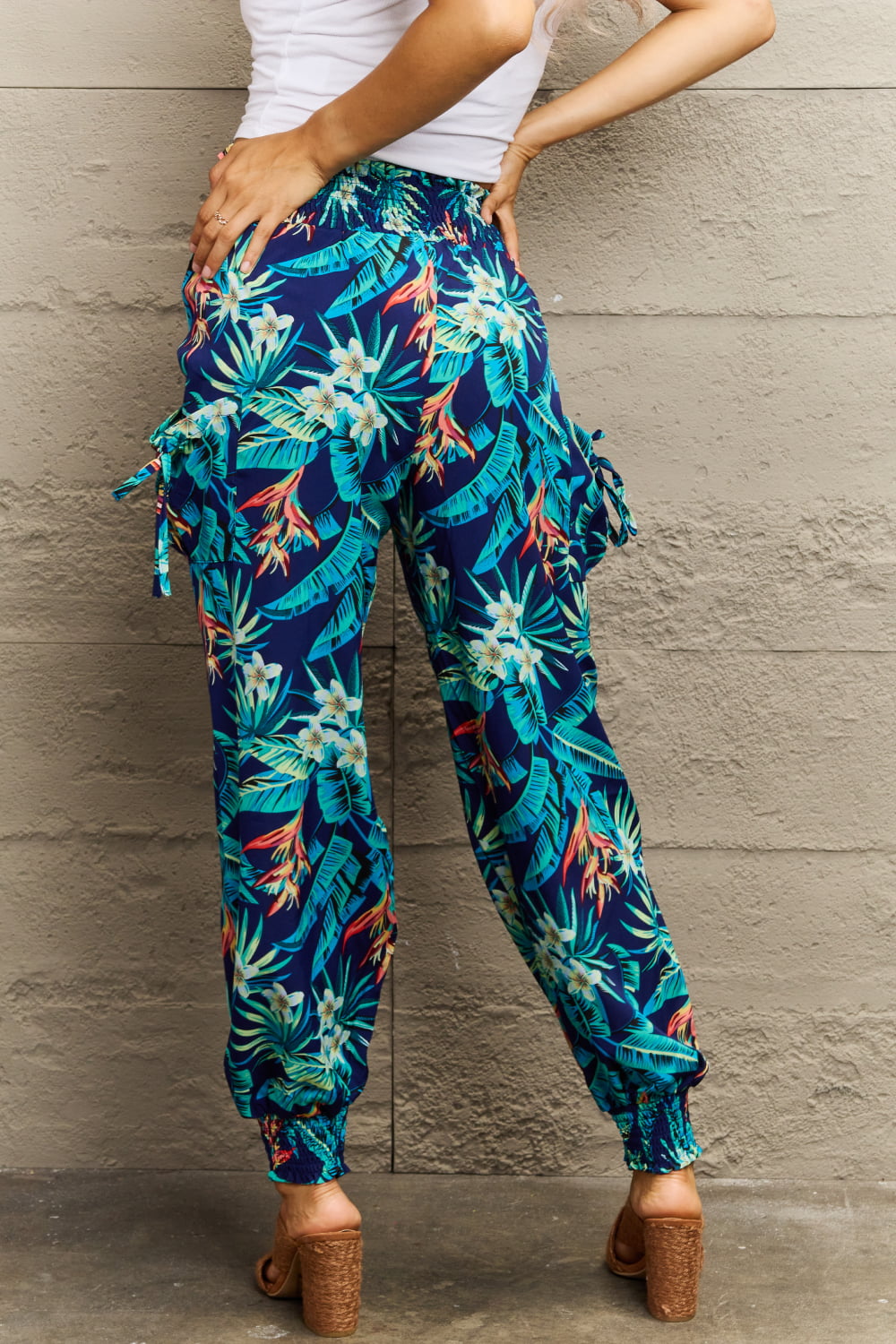 Perfee Smocked Plant Print Long Pants