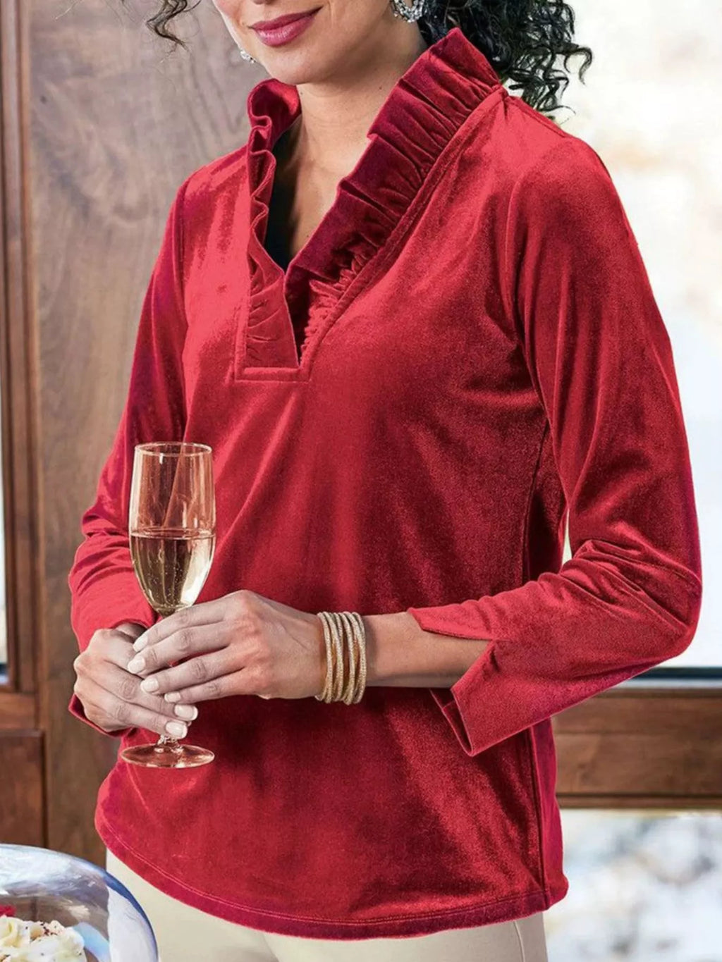 Velvet Long Sleeve Blouse with Ruffled V-Neck