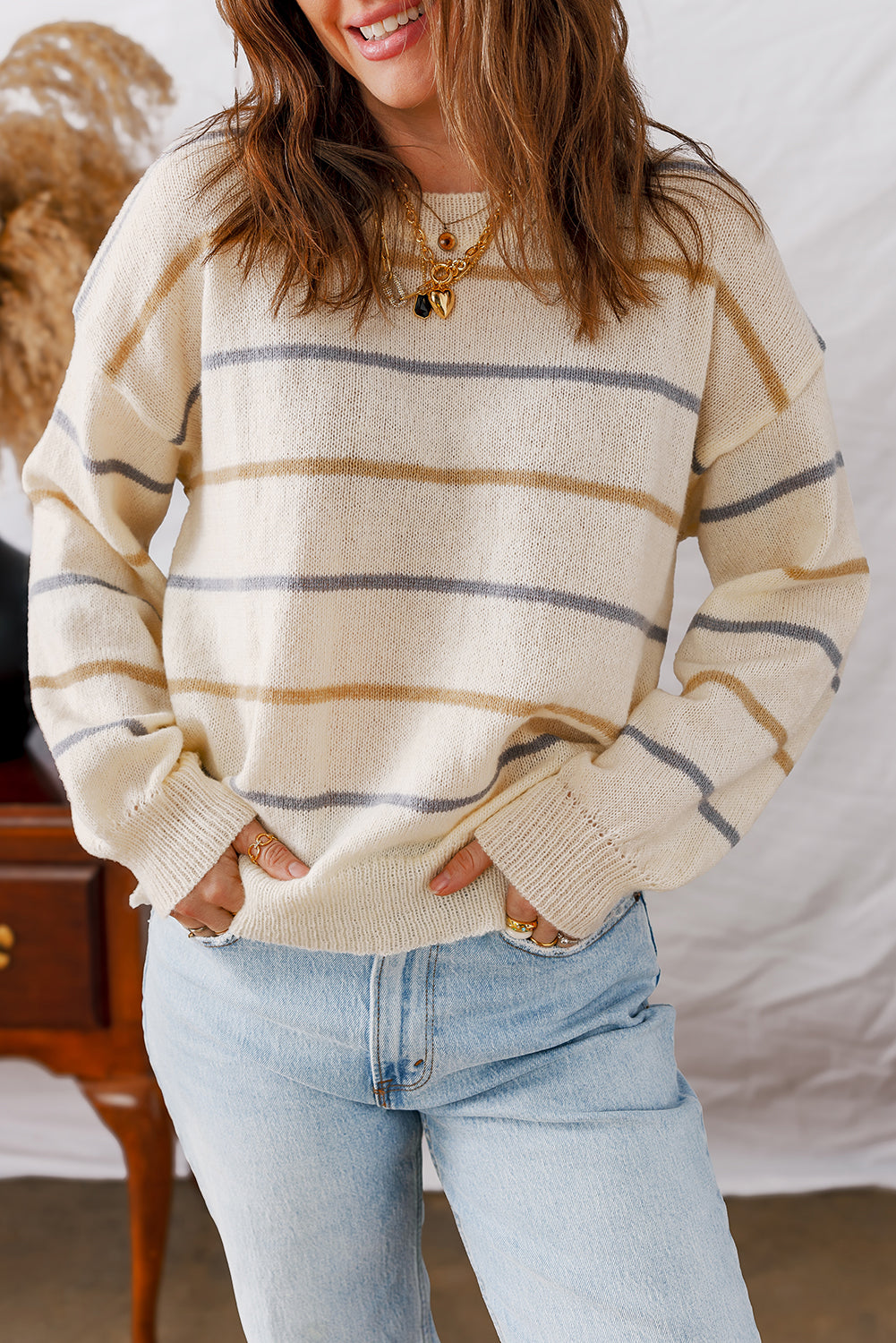 Stripe Ribbed Trim Drop Shoulder Sweater