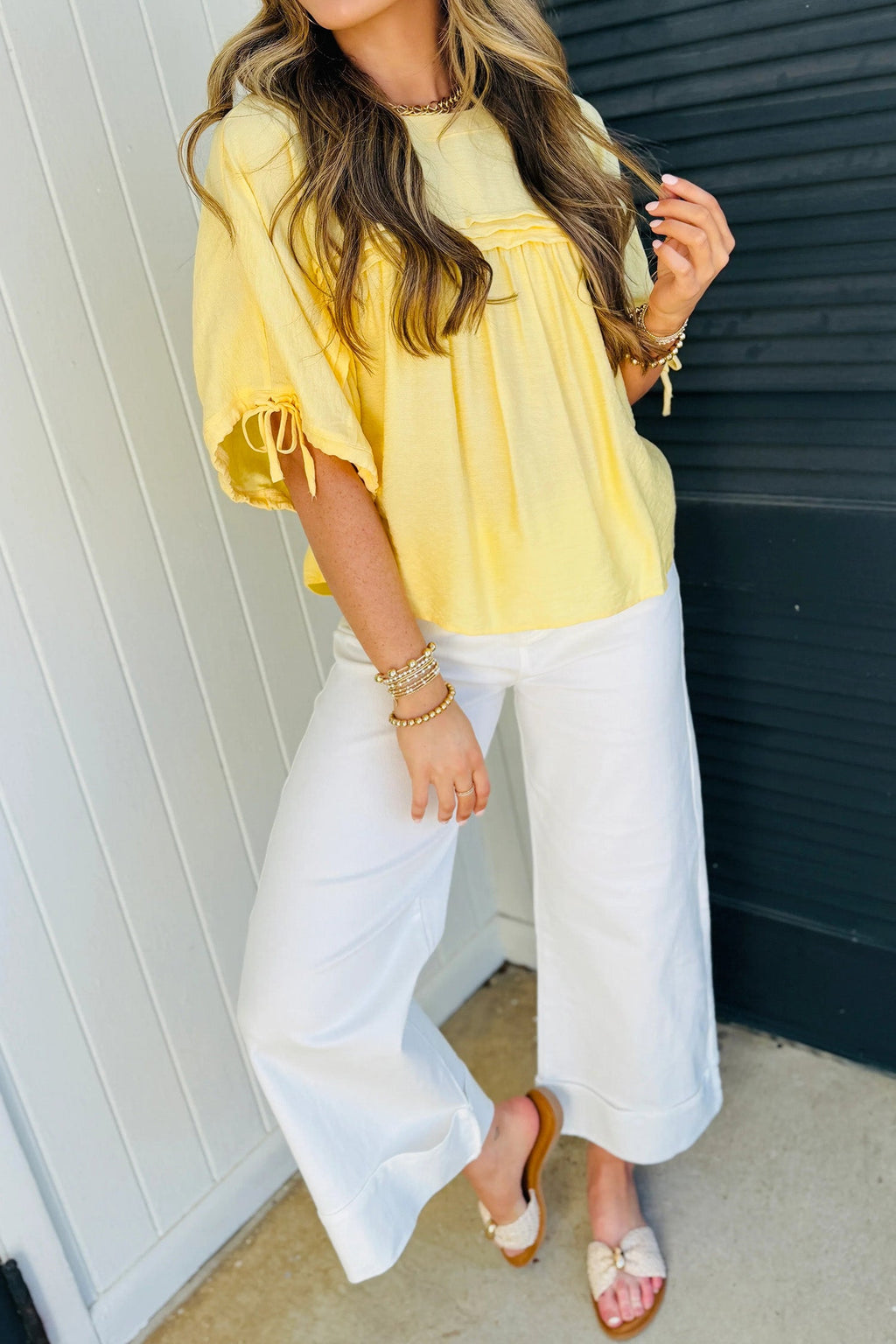 Yellow Cream Tie Half Sleeve Pleated Detail Babydoll Blouse