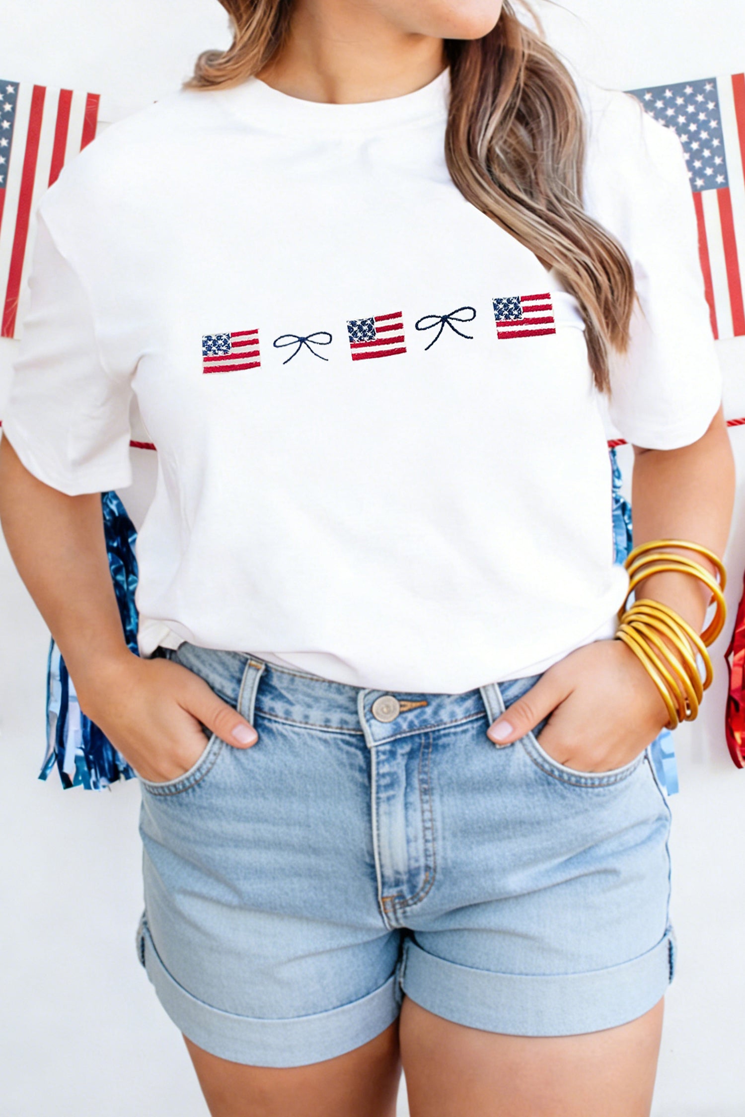 White Embroidered Flag Bow Short Sleeve Casual T-Shirt