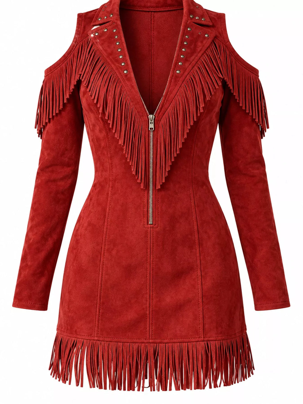 Full Size Fringed Cold-Shoulder Zip-Front Mini Dress Plus Size