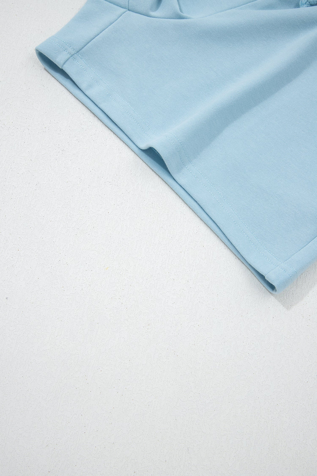 Mist Blue Solid Color Loose Tee Drawstring Shorts 2pcs Outfit