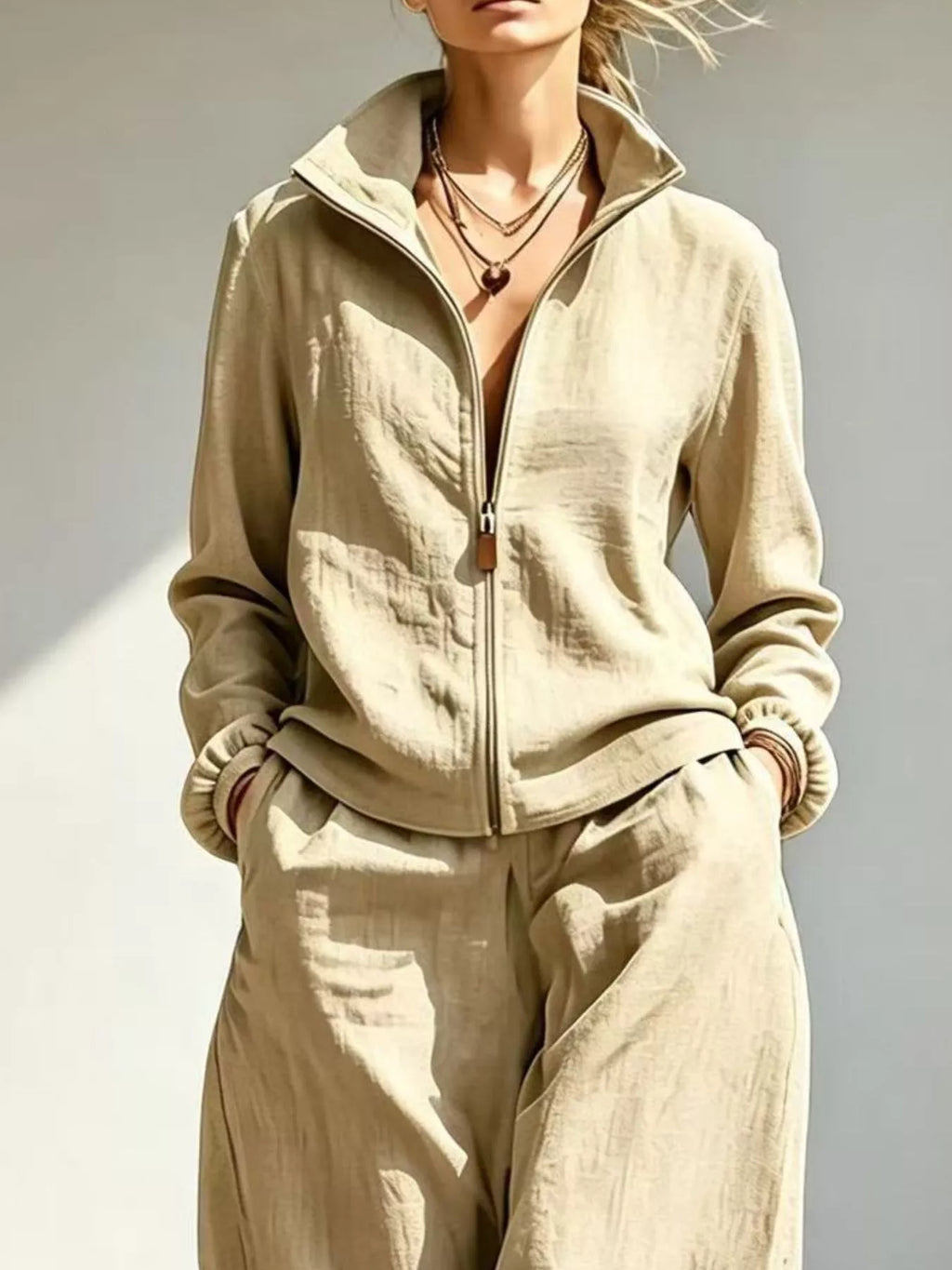 Full Size Zip-Up Jacket and Wide-Leg Pants Set Plus Size