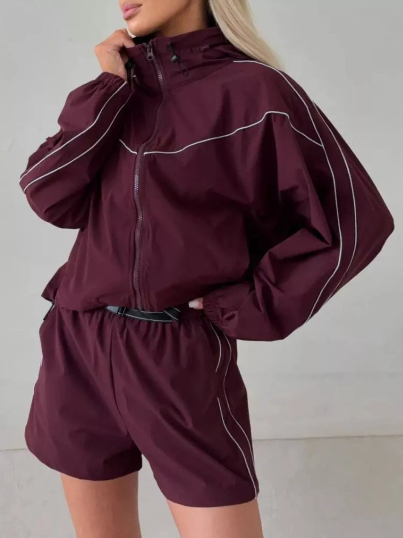 Drawstring Zip-Up Jacket and Shorts Set