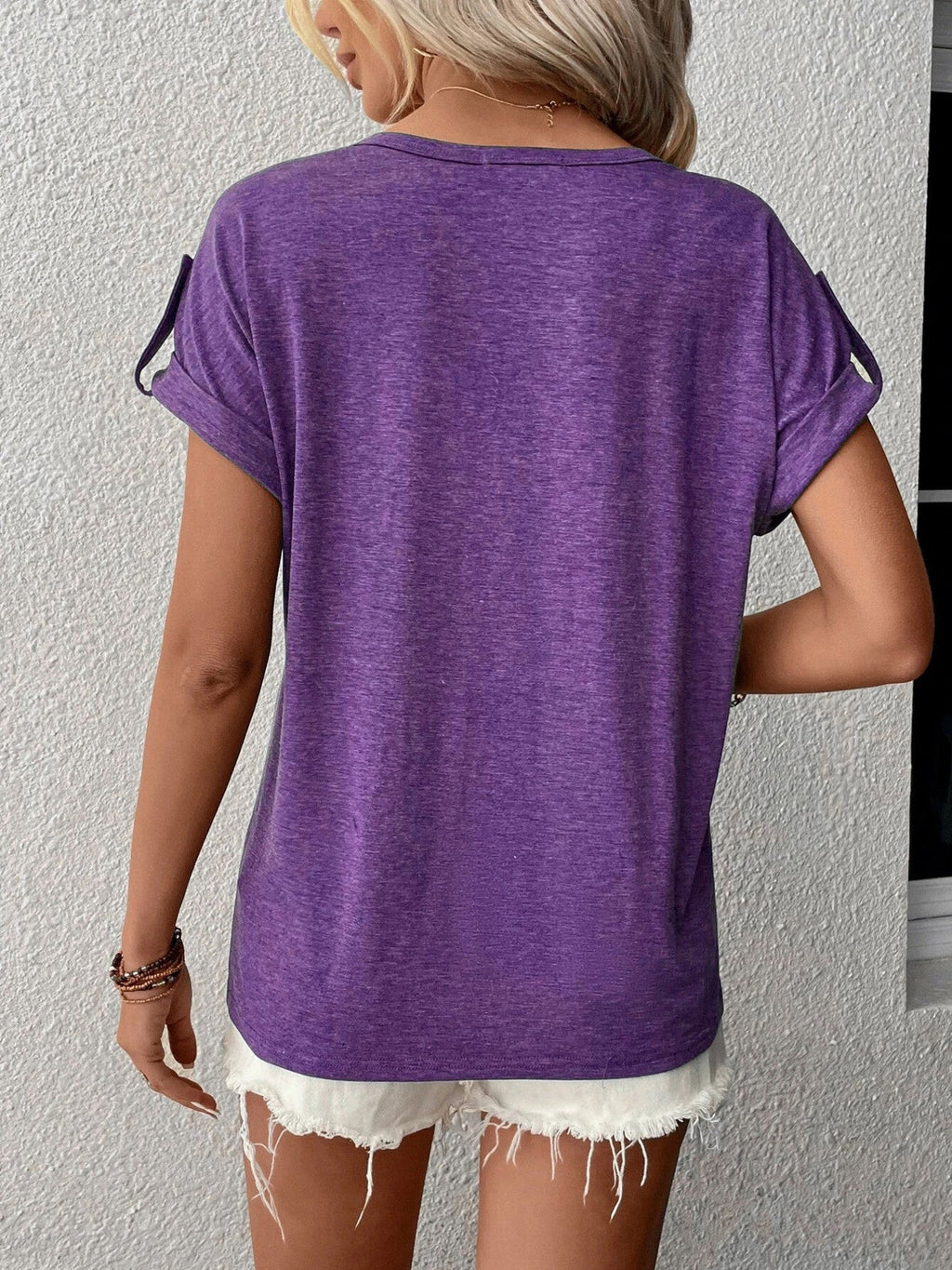 Full Size Casual V-Neck Henley Top with Rolled Sleeves Plus Size