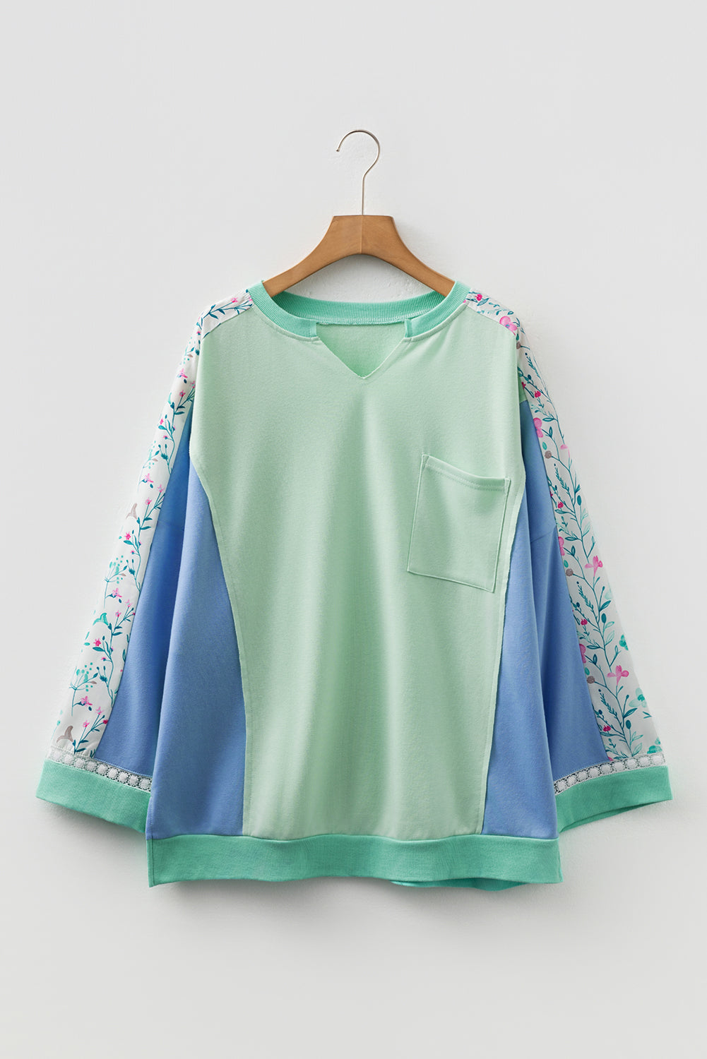 Plus Size Floral Patchwork Long Sleeve V-Neck Top