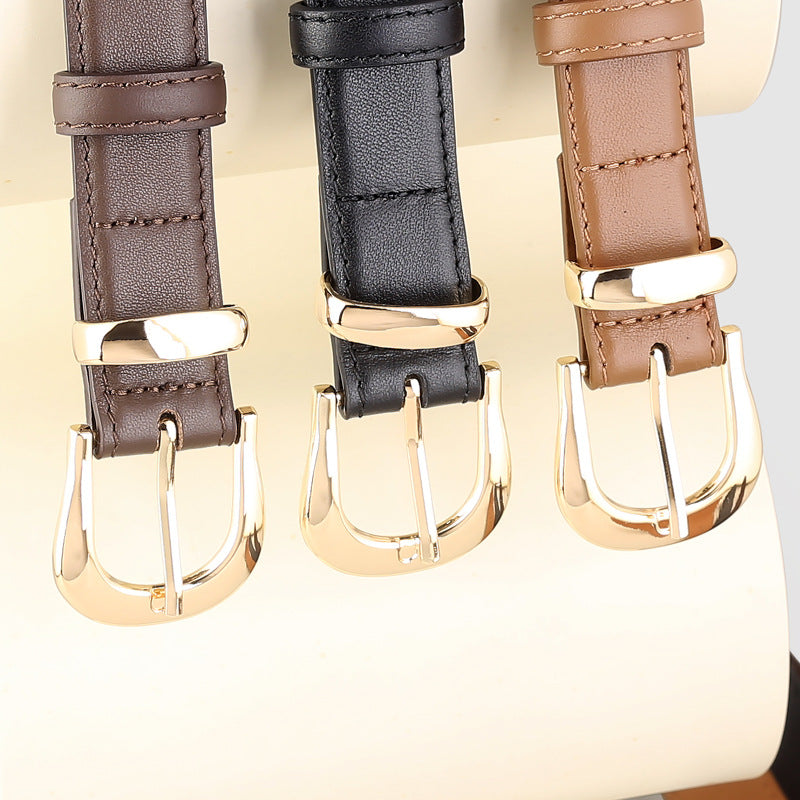 Leather Skinny Belt with Golden Buckle
